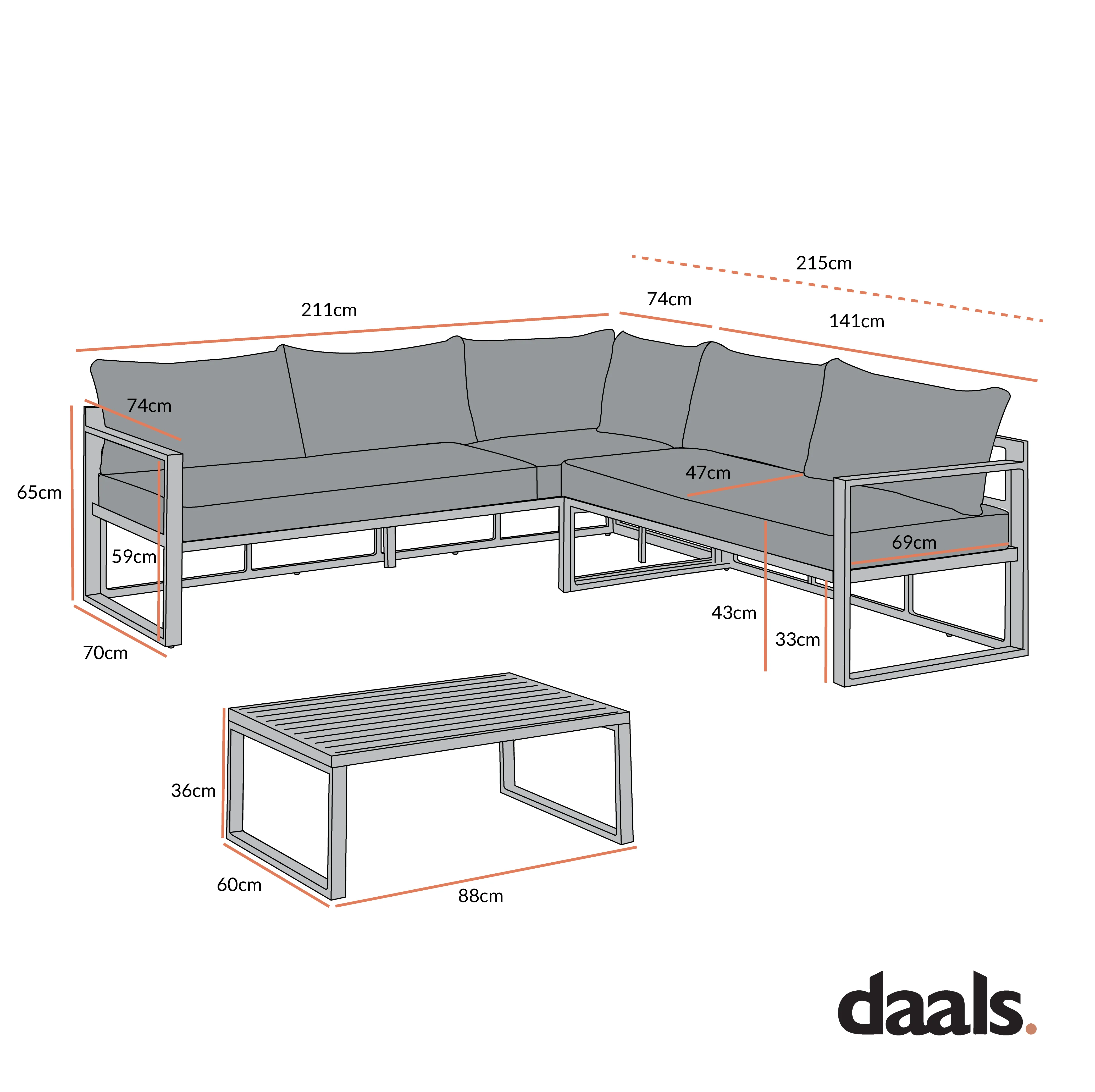 Albany Aluminium Corner Sofa Set with Reclining Back and Coffee Table, Taupe