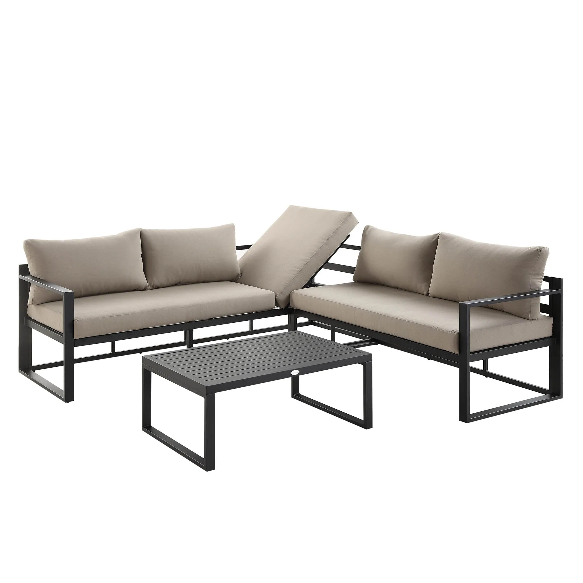 Albany Aluminium Corner Sofa Set with Reclining Back and Coffee Table, Taupe