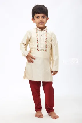 APA. Boys' Elegant Cream Kurta with Rich Maroon Pants - Classic Ethnic Set