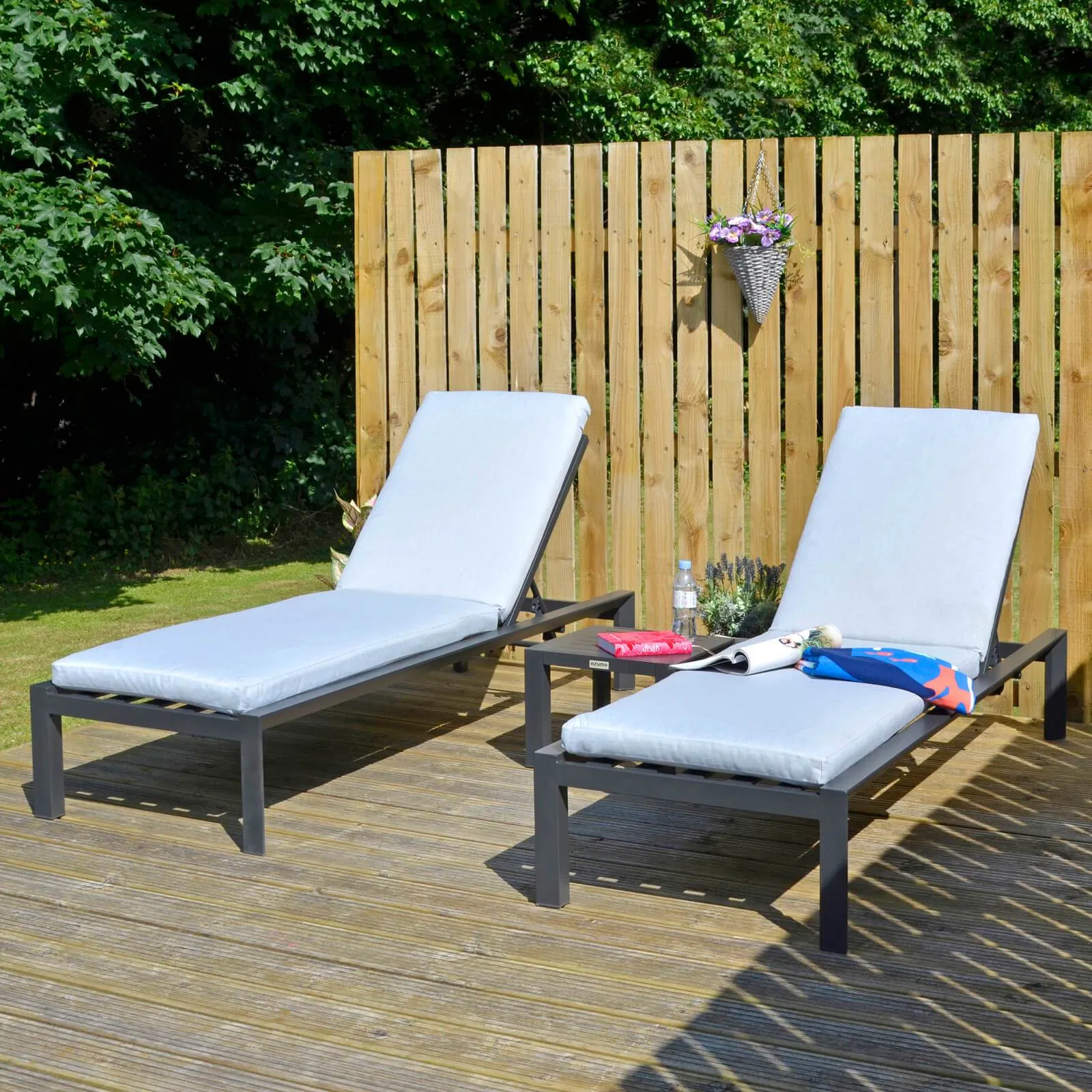 Azuma Grey Sun Lounger Set Garden Recliners Table Aluminium