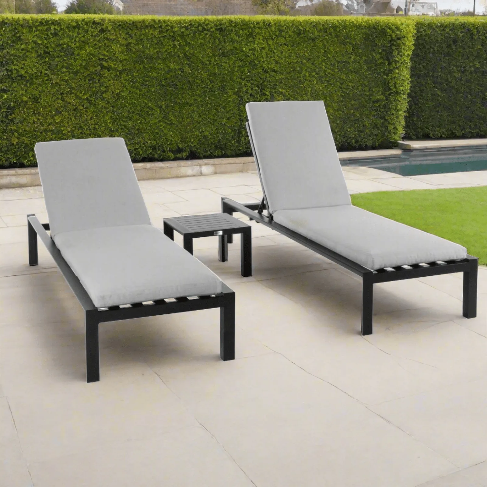 Azuma Grey Sun Lounger Set Garden Recliners Table Aluminium