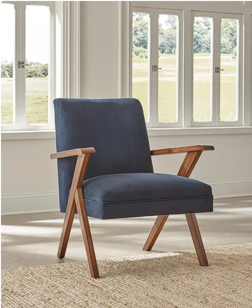 Cheryl Wooden Arms Accent Chair Dark Blue and Walnut