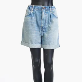 Mid-rise Single-pleated Suzanne Shorts In Rider Wash Blue Cotton