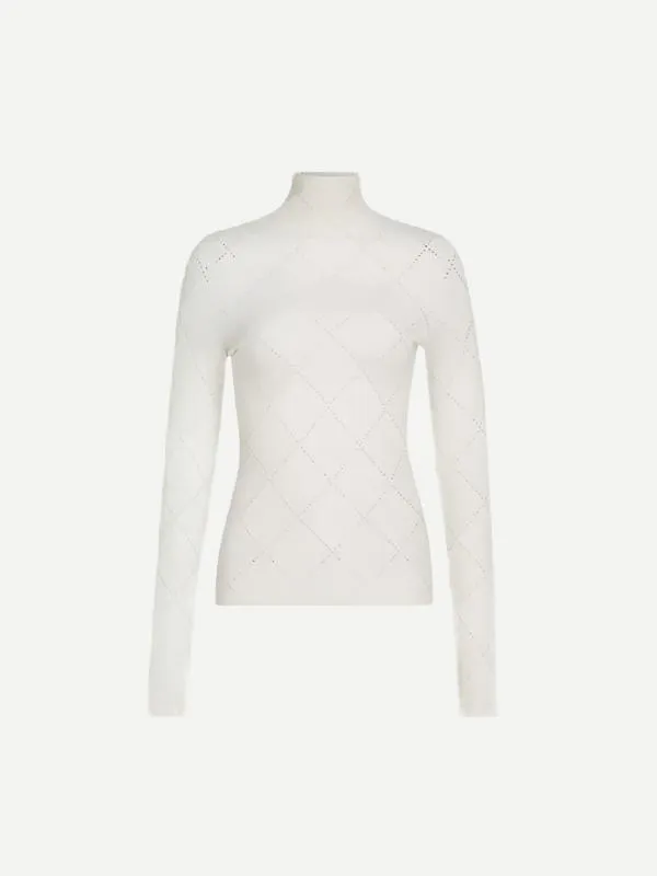 Pointelle Diamonds Turtleneck Top In Off White