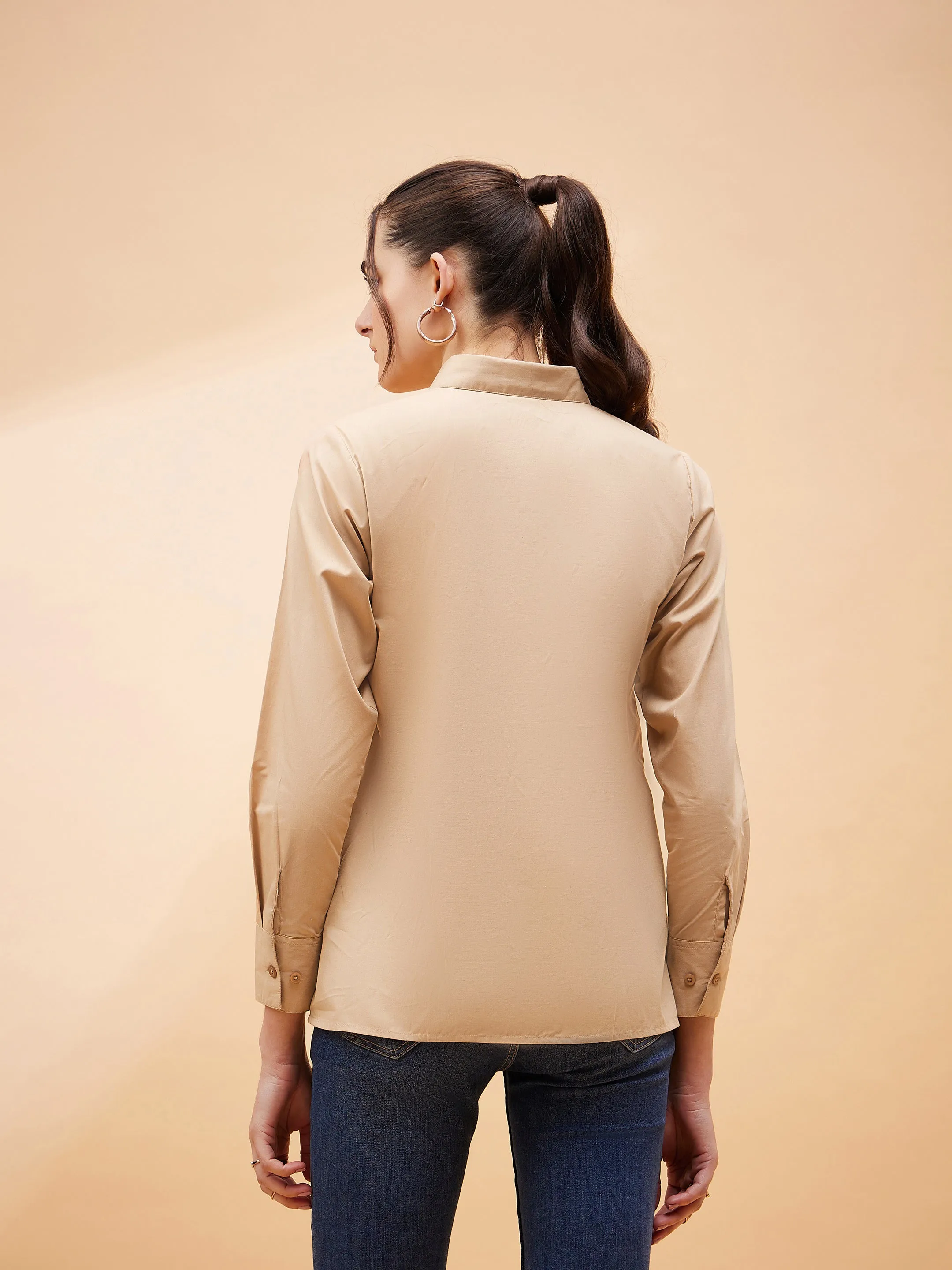 Women Beige Pleated Detail Shirt